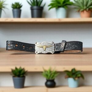 TONY LAMA KIDS' AGED BLACK WITH TEXAS LONGHORN BUCKLE TOOLED BELT 06/22